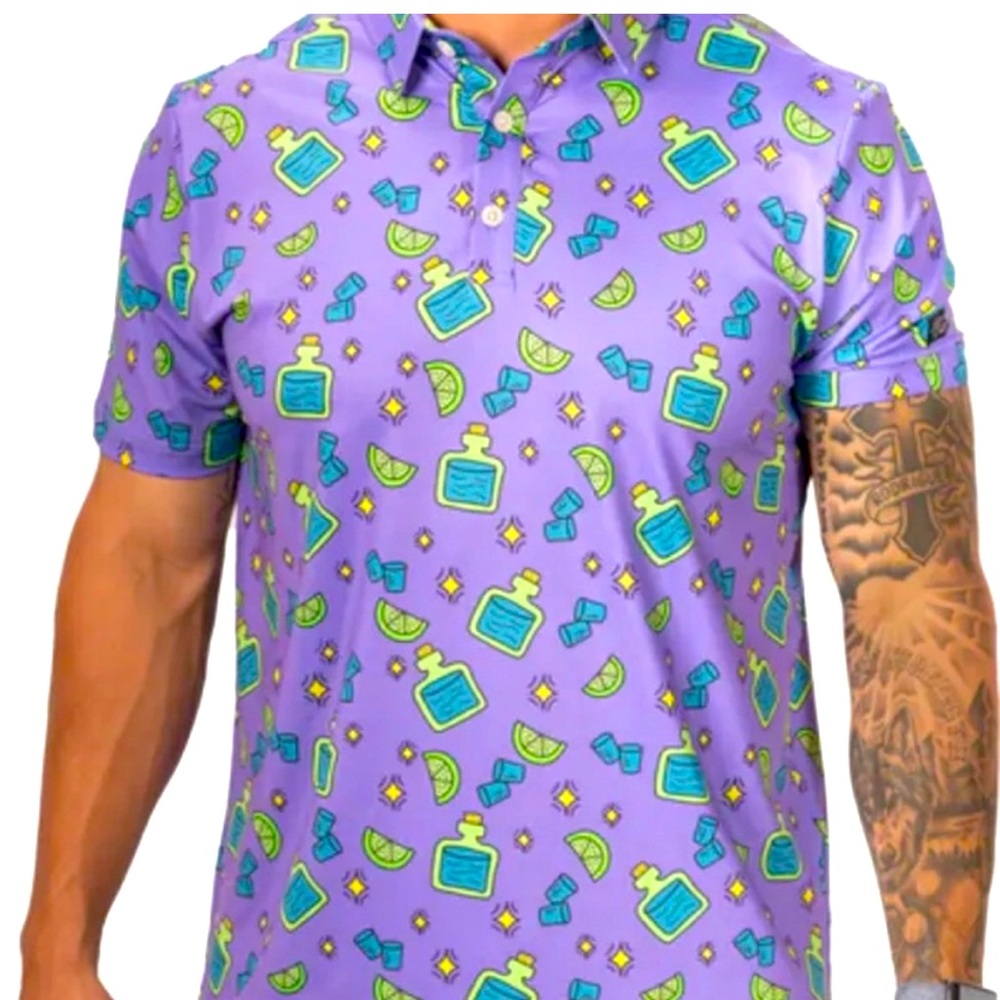 SUNDAY SWAGGER SHOTS Size Large Purple Polo Shirt Golf LIMES Stretch Sun Protect